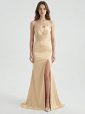 Champagne Satin Mermaid Straight Neck Back Zip Floor-Length Bridesmaid Dress with Pleated Details - Curvevia