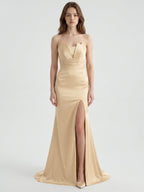 Champagne Satin Mermaid Straight Neck Back Zip Floor-Length Bridesmaid Dress with Pleated Details - Curvevia