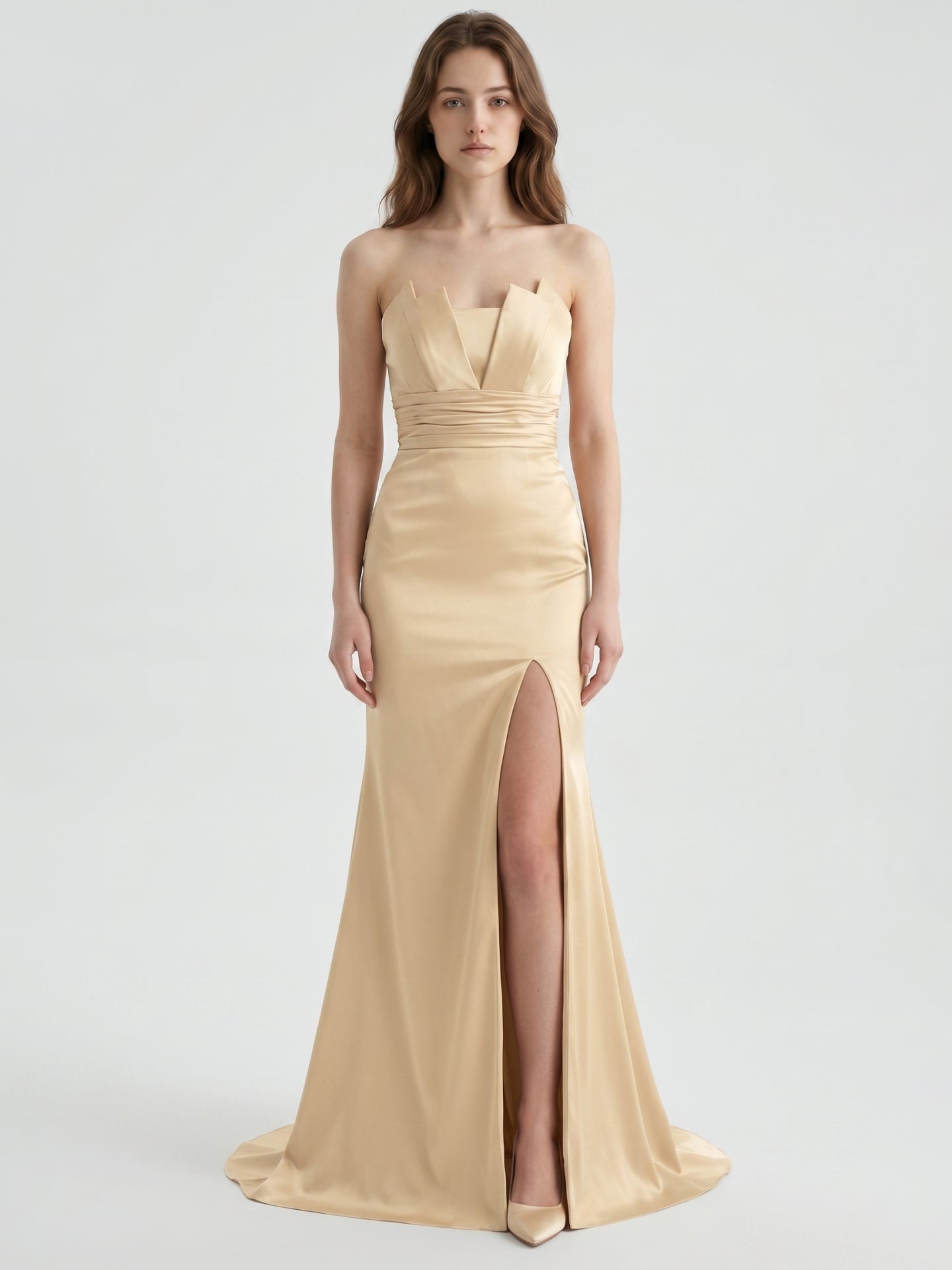 Champagne Satin Mermaid Straight Neck Back Zip Floor-Length Bridesmaid Dress with Pleated Details - Curvevia