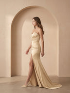 Champagne Satin Mermaid Straight Neck Back Zip Floor-Length Bridesmaid Dress with Pleated Details - Curvevia