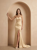 Champagne Satin Mermaid Straight Neck Back Zip Floor-Length Bridesmaid Dress with Pleated Details - Curvevia