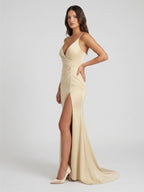 Champagne Satin Mermaid V-Neck Back Zip Floor-Length Bridesmaid Dress - Curvevia