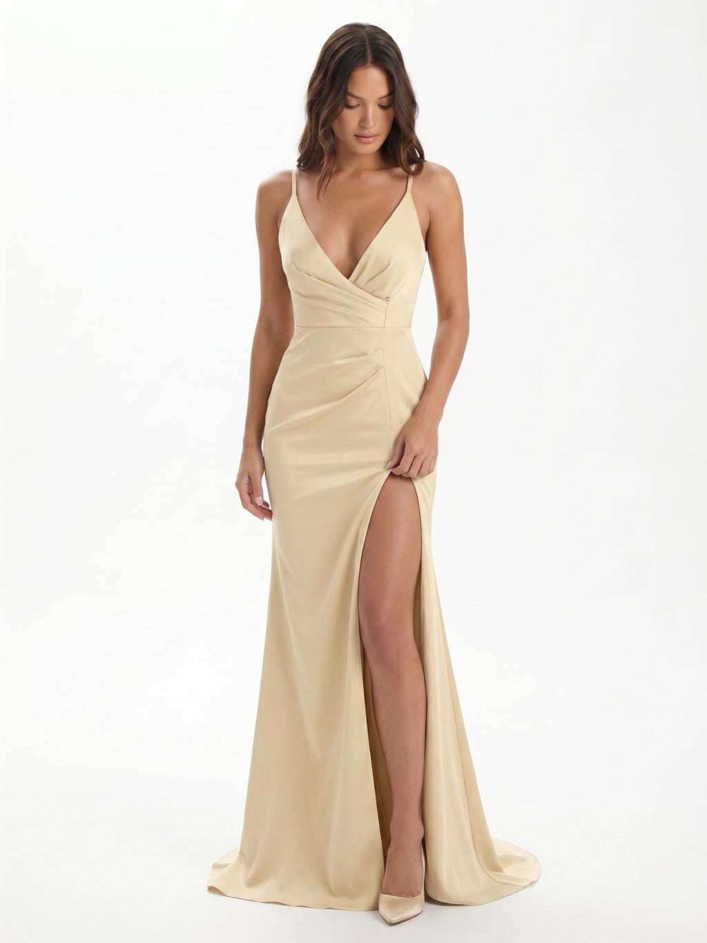 Champagne Satin Mermaid V-Neck Back Zip Floor-Length Bridesmaid Dress - Curvevia