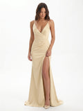Champagne Satin Mermaid V-Neck Back Zip Floor-Length Bridesmaid Dress - Curvevia