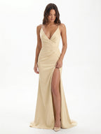 Champagne Satin Mermaid V-Neck Back Zip Floor-Length Bridesmaid Dress - Curvevia
