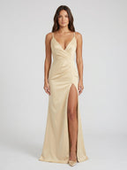 Champagne Satin Mermaid V-Neck Back Zip Floor-Length Bridesmaid Dress - Curvevia