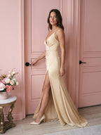 Champagne Satin Mermaid V-Neck Back Zip Floor-Length Bridesmaid Dress - Curvevia
