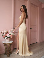 Champagne Satin Mermaid V-Neck Back Zip Floor-Length Bridesmaid Dress - Curvevia