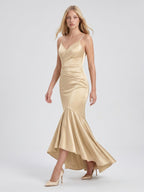 Champagne Satin Mermaid V-Neck Side Zip Asymmetrical Bridesmaid Dress with Pleated Accents - Curvevia
