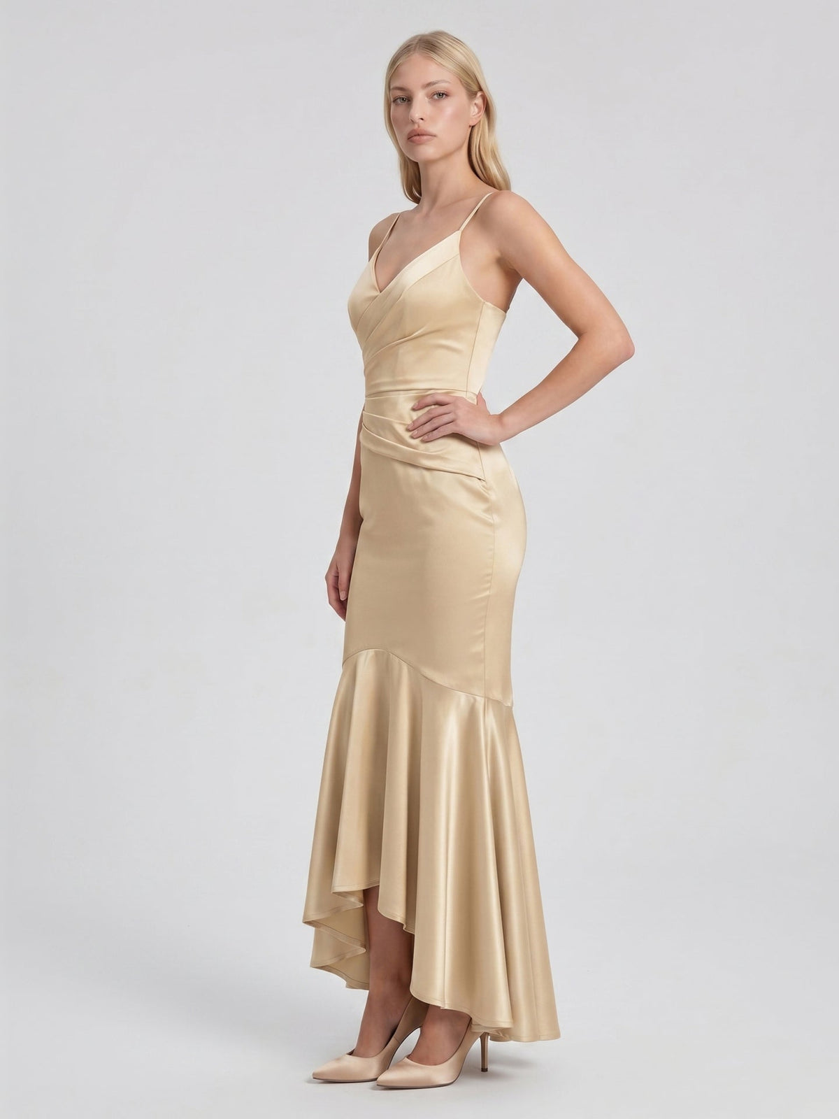 Champagne Satin Mermaid V-Neck Side Zip Asymmetrical Bridesmaid Dress with Pleated Accents - Curvevia