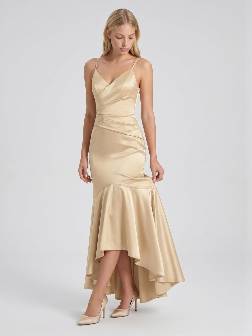 Champagne Satin Mermaid V-Neck Side Zip Asymmetrical Bridesmaid Dress with Pleated Accents - Curvevia