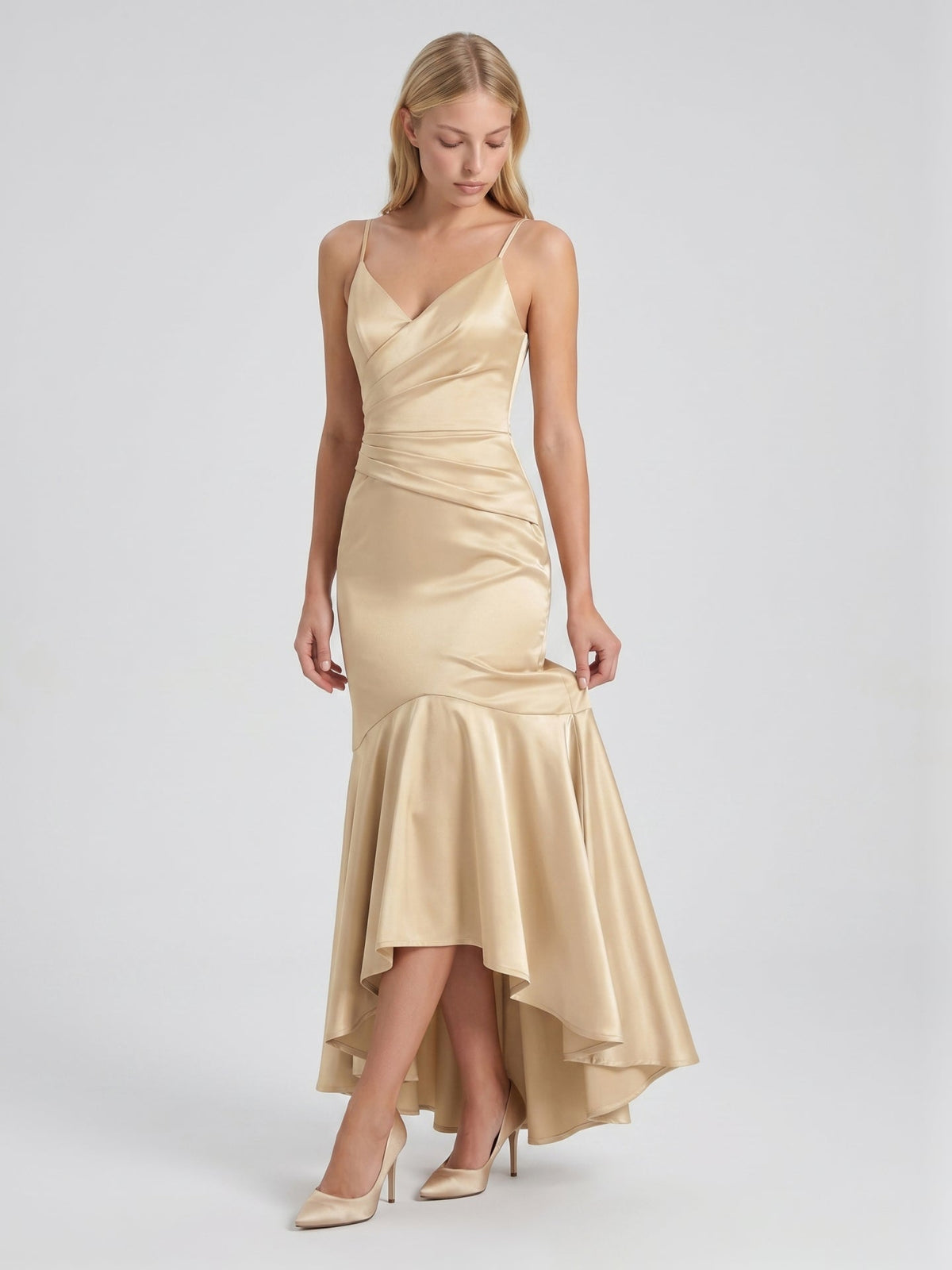 Champagne Satin Mermaid V-Neck Side Zip Asymmetrical Bridesmaid Dress with Pleated Accents - Curvevia