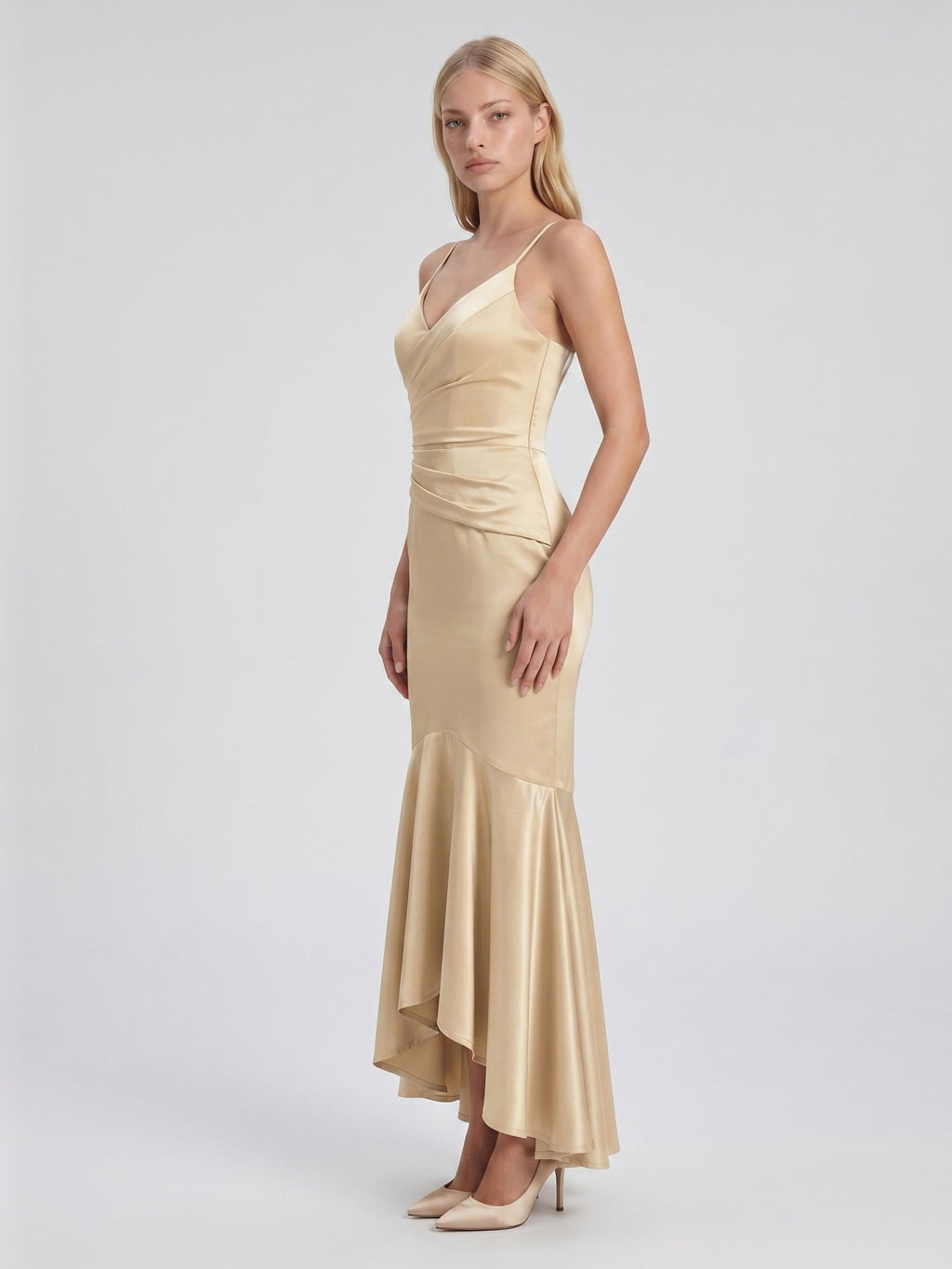 Champagne Satin Mermaid V-Neck Side Zip Asymmetrical Bridesmaid Dress with Pleated Accents - Curvevia