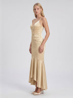 Champagne Satin Mermaid V-Neck Side Zip Asymmetrical Bridesmaid Dress with Pleated Accents - Curvevia