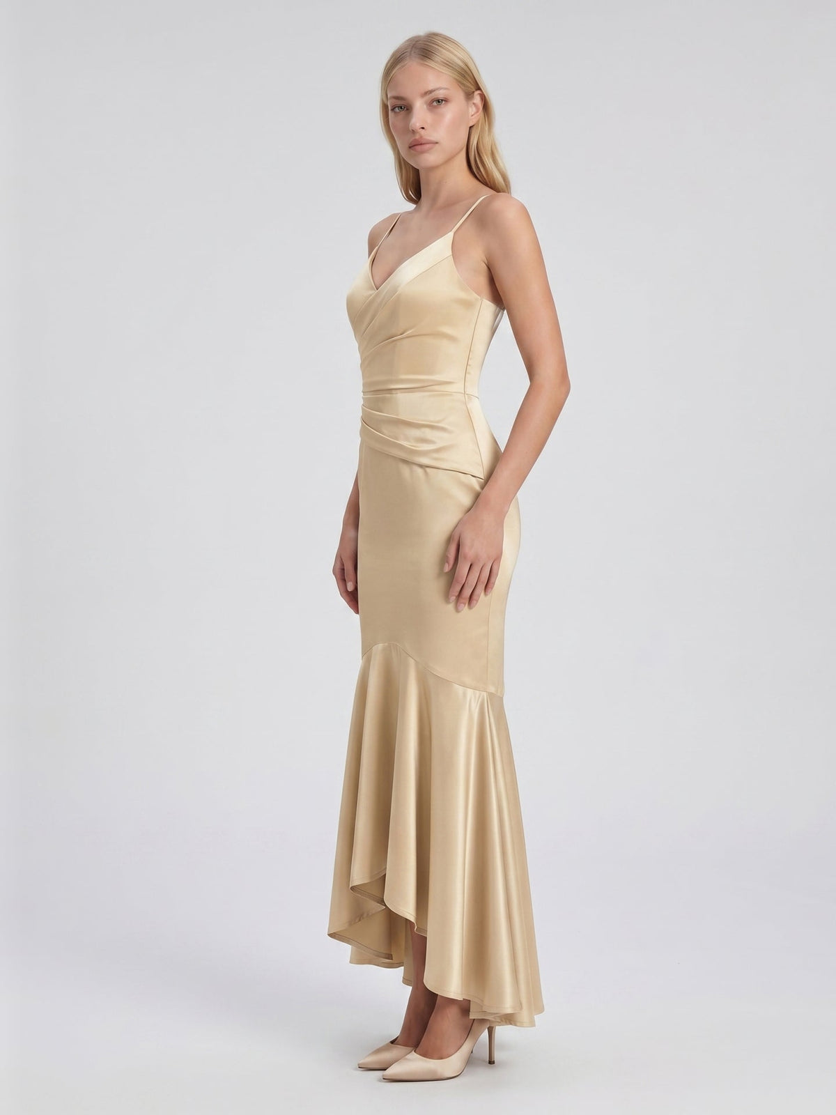 Champagne Satin Mermaid V-Neck Side Zip Asymmetrical Bridesmaid Dress with Pleated Accents - Curvevia