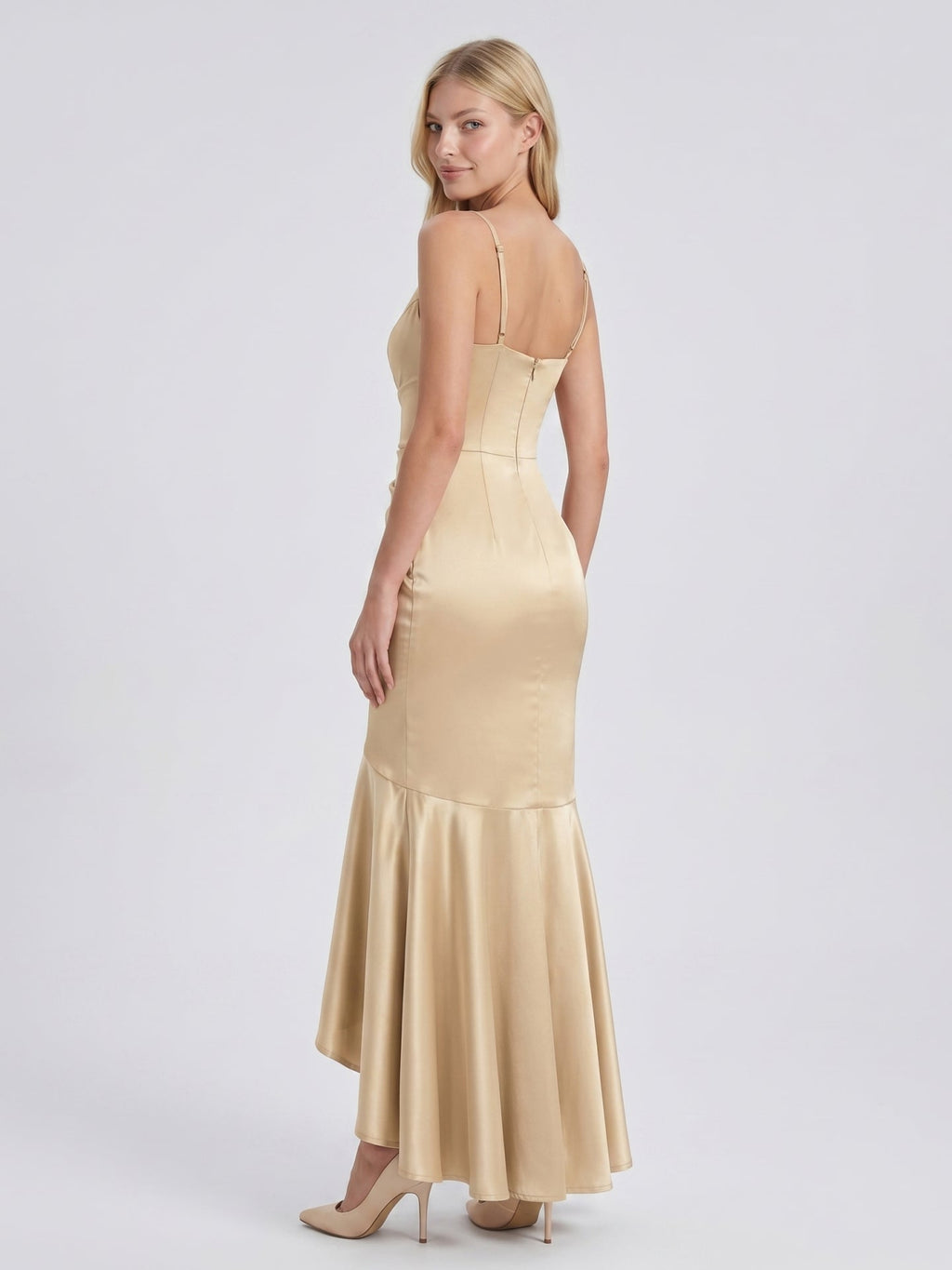 Champagne Satin Mermaid V-Neck Side Zip Asymmetrical Bridesmaid Dress with Pleated Accents - Curvevia