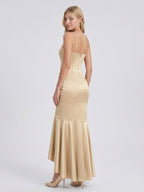 Champagne Satin Mermaid V-Neck Side Zip Asymmetrical Bridesmaid Dress with Pleated Accents - Curvevia