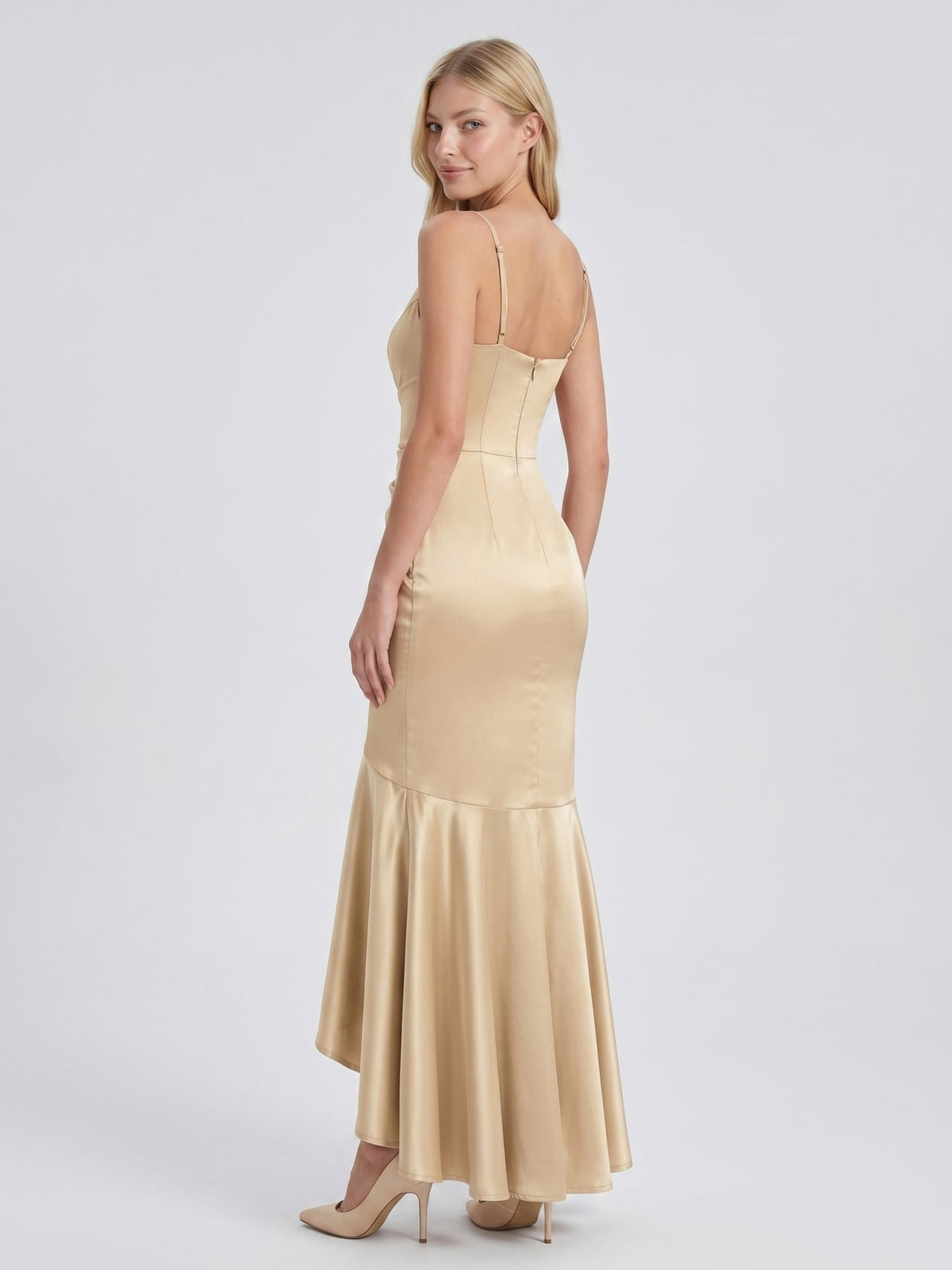 Champagne Satin Mermaid V-Neck Side Zip Asymmetrical Bridesmaid Dress with Pleated Accents - Curvevia