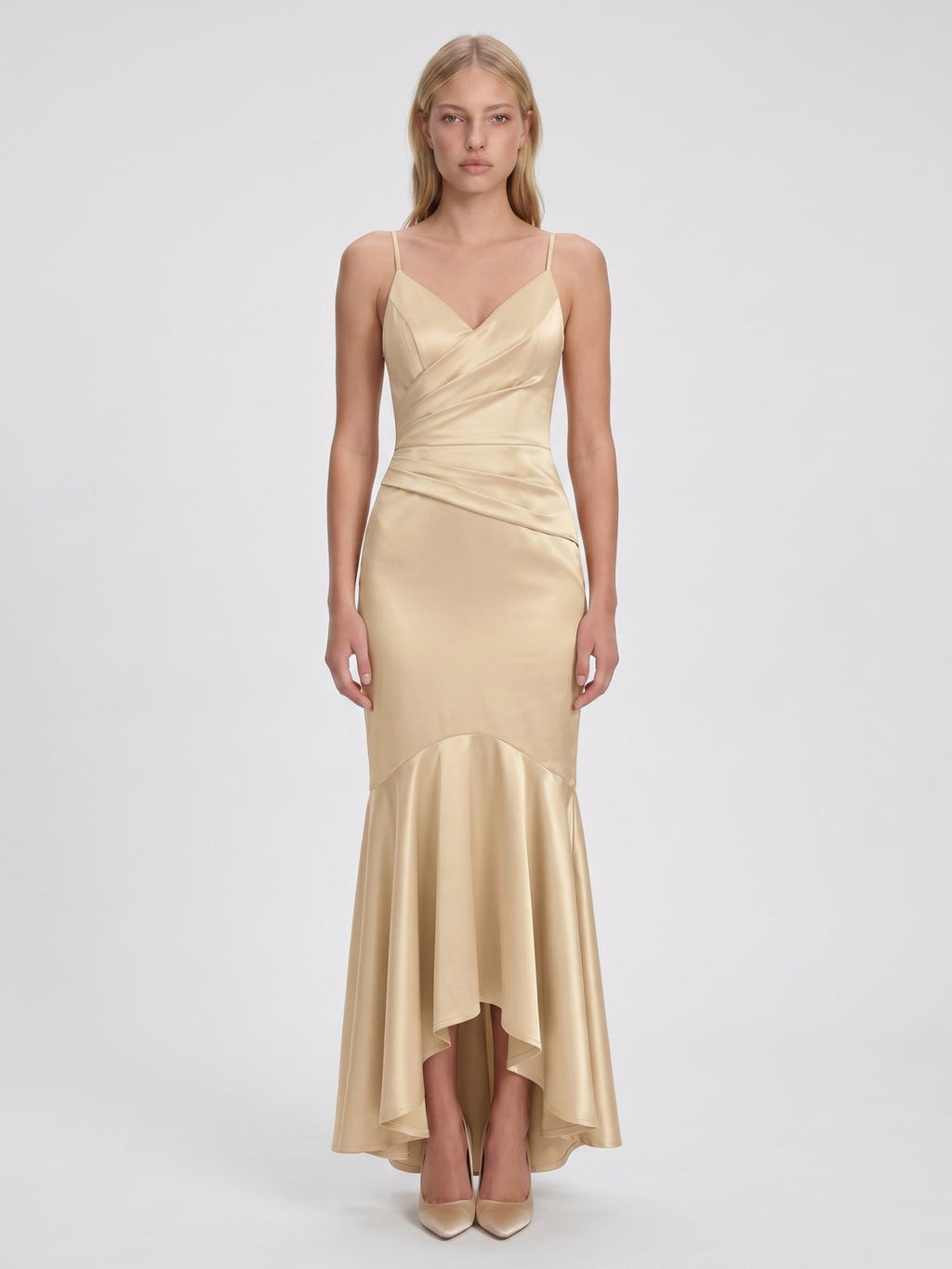 Champagne Satin Mermaid V-Neck Side Zip Asymmetrical Bridesmaid Dress with Pleated Accents - Curvevia
