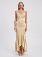 Champagne Satin Mermaid V-Neck Side Zip Asymmetrical Bridesmaid Dress with Pleated Accents - Curvevia