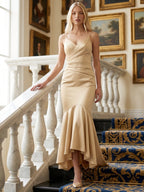 Champagne Satin Mermaid V-Neck Side Zip Asymmetrical Bridesmaid Dress with Pleated Accents - Curvevia