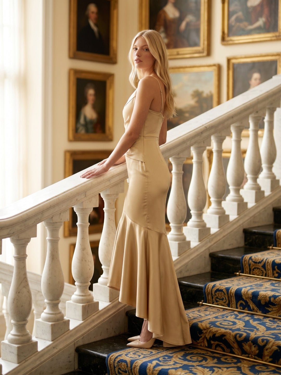 Champagne Satin Mermaid V-Neck Side Zip Asymmetrical Bridesmaid Dress with Pleated Accents - Curvevia