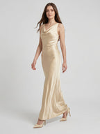 Champagne Satin Sheath Cowl Neck Back Zip Floor-Length Bridesmaid Dress - Curvevia