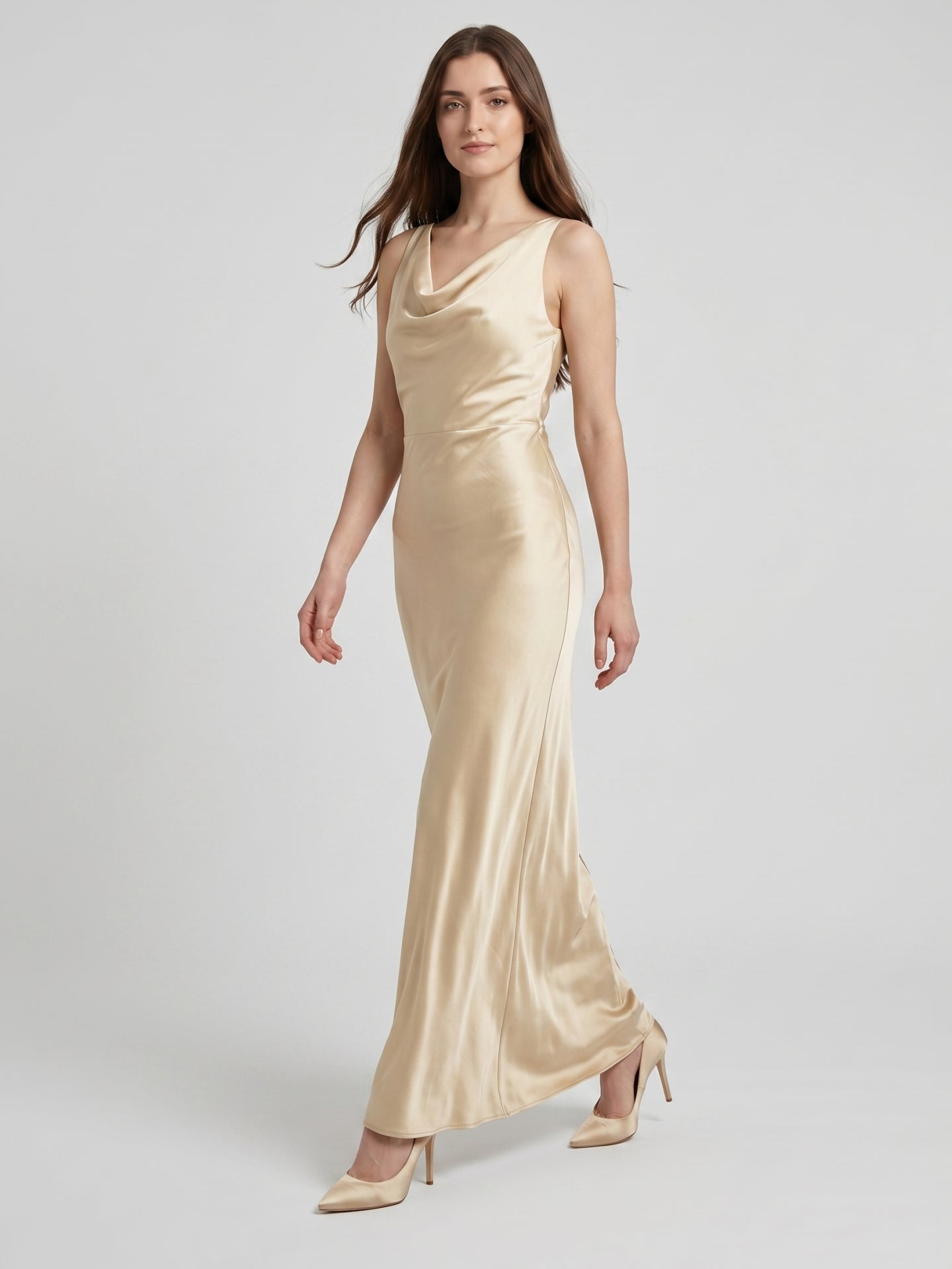 Champagne Satin Sheath Cowl Neck Back Zip Floor-Length Bridesmaid Dress - Curvevia