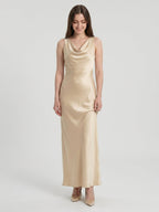 Champagne Satin Sheath Cowl Neck Back Zip Floor-Length Bridesmaid Dress - Curvevia