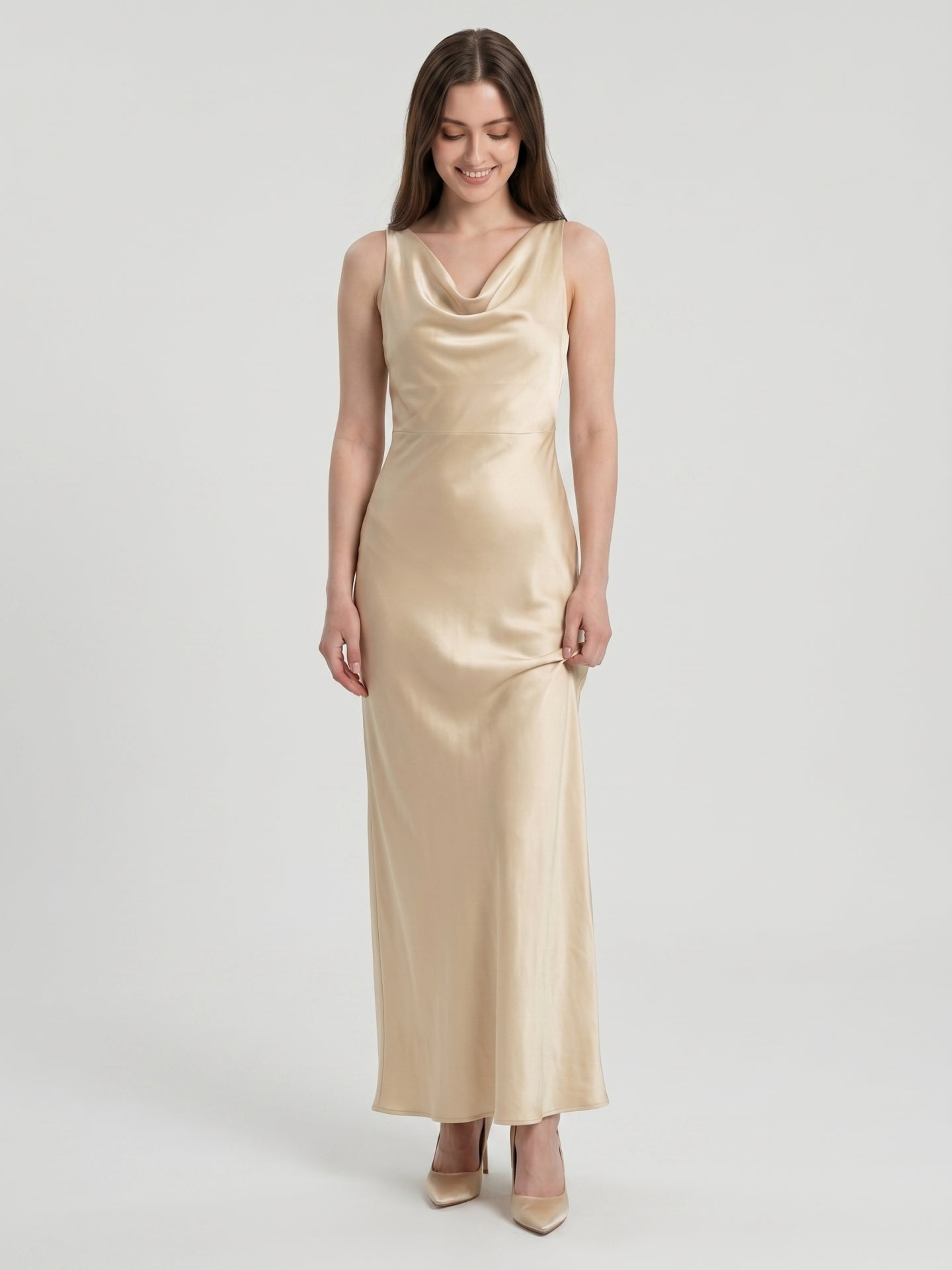 Champagne Satin Sheath Cowl Neck Back Zip Floor-Length Bridesmaid Dress - Curvevia