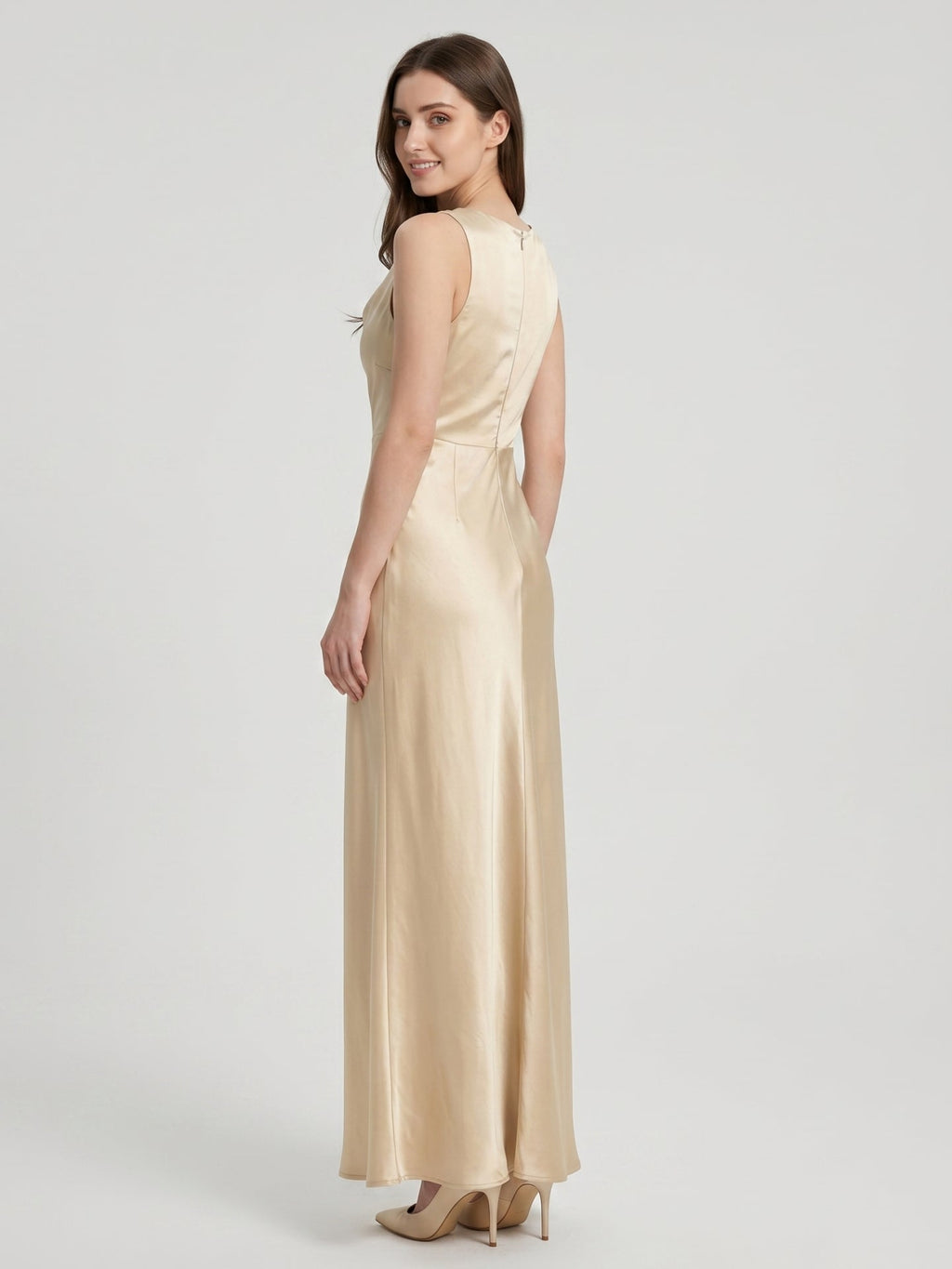 Champagne Satin Sheath Cowl Neck Back Zip Floor-Length Bridesmaid Dress - Curvevia