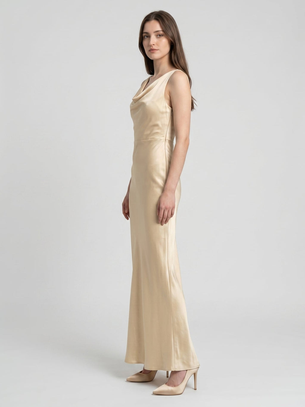 Champagne Satin Sheath Cowl Neck Back Zip Floor-Length Bridesmaid Dress - Curvevia