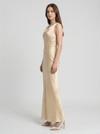 Champagne Satin Sheath Cowl Neck Back Zip Floor-Length Bridesmaid Dress - Curvevia