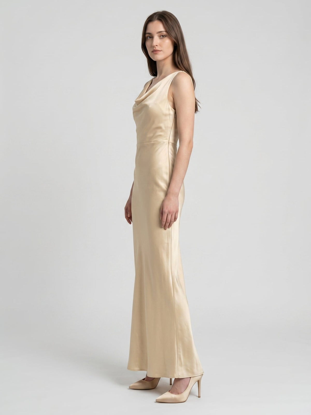 Champagne Satin Sheath Cowl Neck Back Zip Floor-Length Bridesmaid Dress - Curvevia