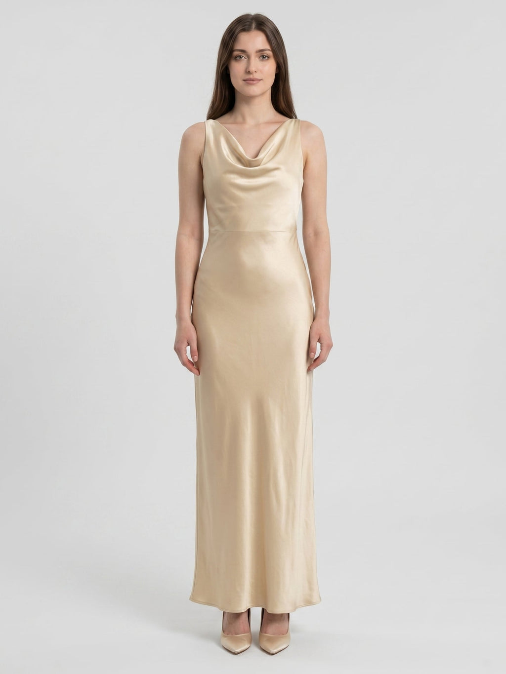 Champagne Satin Sheath Cowl Neck Back Zip Floor-Length Bridesmaid Dress - Curvevia