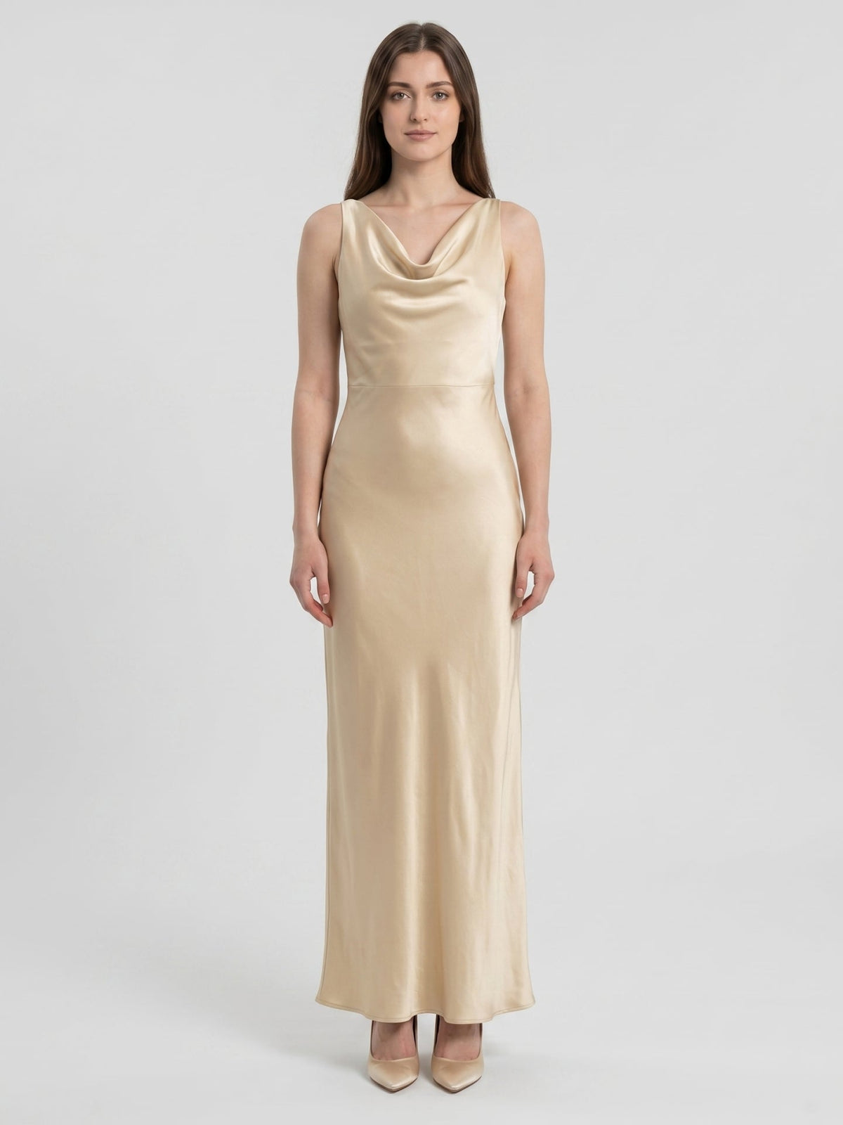 Champagne Satin Sheath Cowl Neck Back Zip Floor-Length Bridesmaid Dress - Curvevia