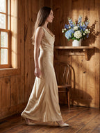 Champagne Satin Sheath Cowl Neck Back Zip Floor-Length Bridesmaid Dress - Curvevia