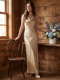Champagne Satin Sheath Cowl Neck Back Zip Floor-Length Bridesmaid Dress - Curvevia