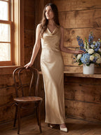 Champagne Satin Sheath Cowl Neck Back Zip Floor-Length Bridesmaid Dress - Curvevia