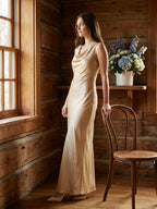 Champagne Satin Sheath Cowl Neck Back Zip Floor-Length Bridesmaid Dress - Curvevia