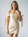 Champagne Satin Sheath Off-the-Shoulder Backless Short Homecoming Dress with Pleating - Curvevia
