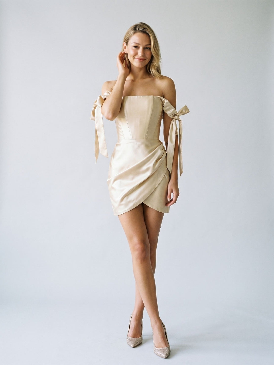 Champagne Satin Sheath Off-the-Shoulder Backless Short Homecoming Dress with Pleating - Curvevia