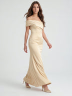 Champagne Satin Sheath Off-the-Shoulder Side Zip Floor-Length Bridesmaid Dress - Curvevia