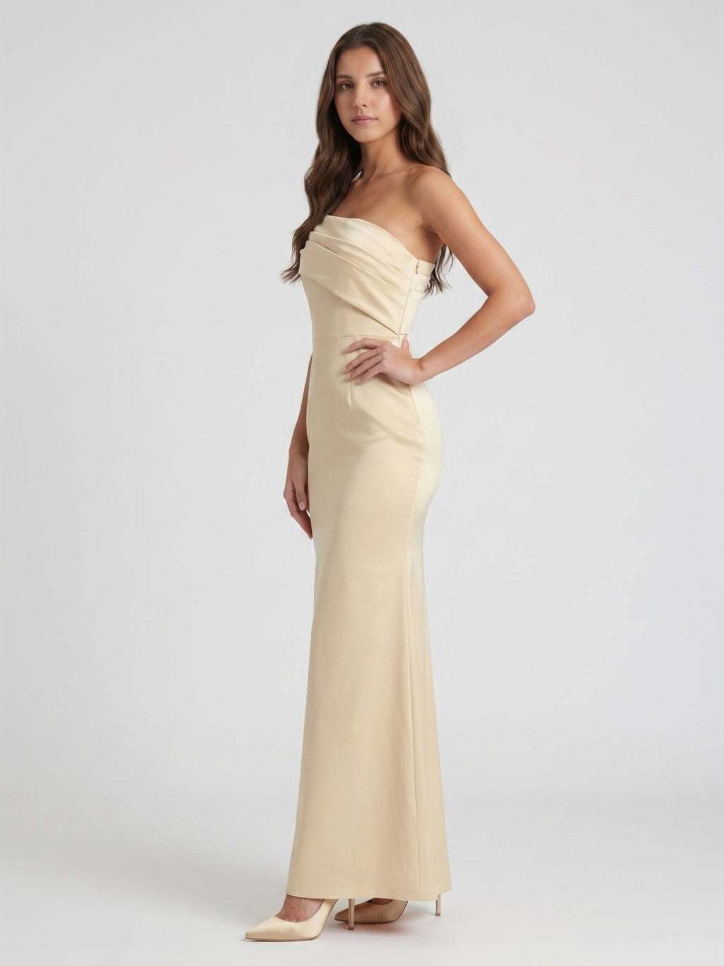 Champagne Satin Sheath Off-the-Shoulder Side Zip Floor-Length Bridesmaid Dress - Curvevia