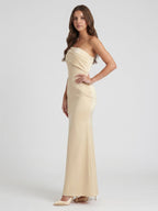 Champagne Satin Sheath Off-the-Shoulder Side Zip Floor-Length Bridesmaid Dress - Curvevia