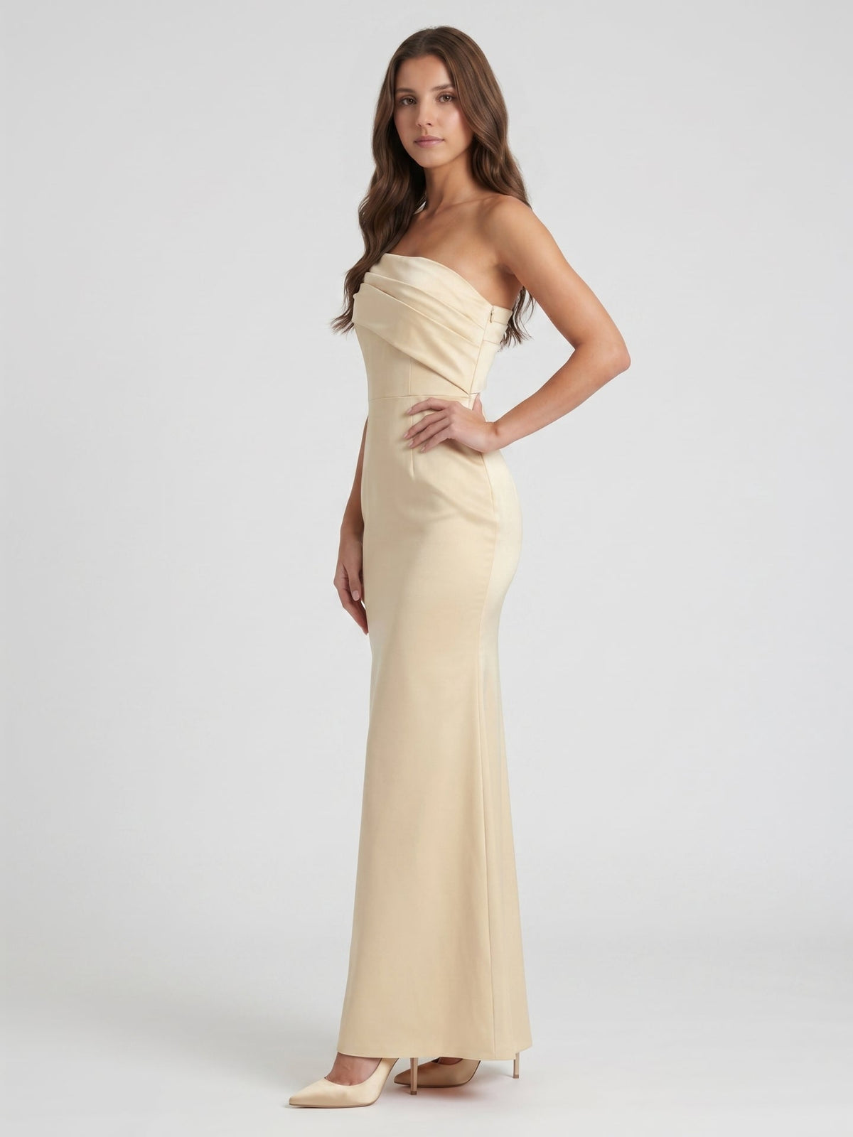 Champagne Satin Sheath Off-the-Shoulder Side Zip Floor-Length Bridesmaid Dress - Curvevia