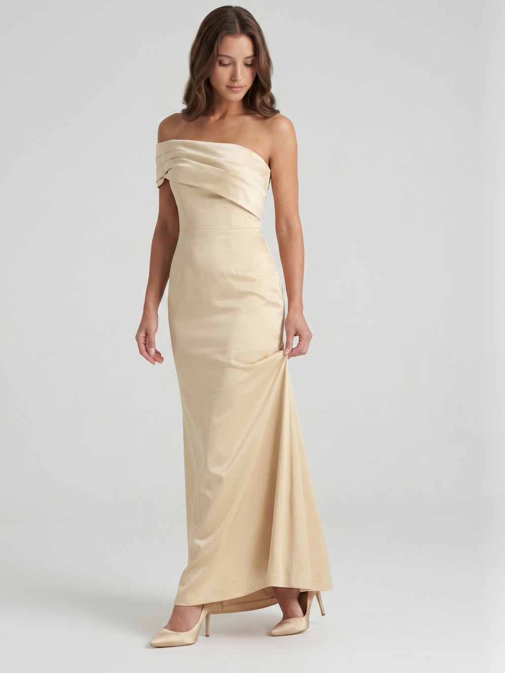 Champagne Satin Sheath Off-the-Shoulder Side Zip Floor-Length Bridesmaid Dress - Curvevia