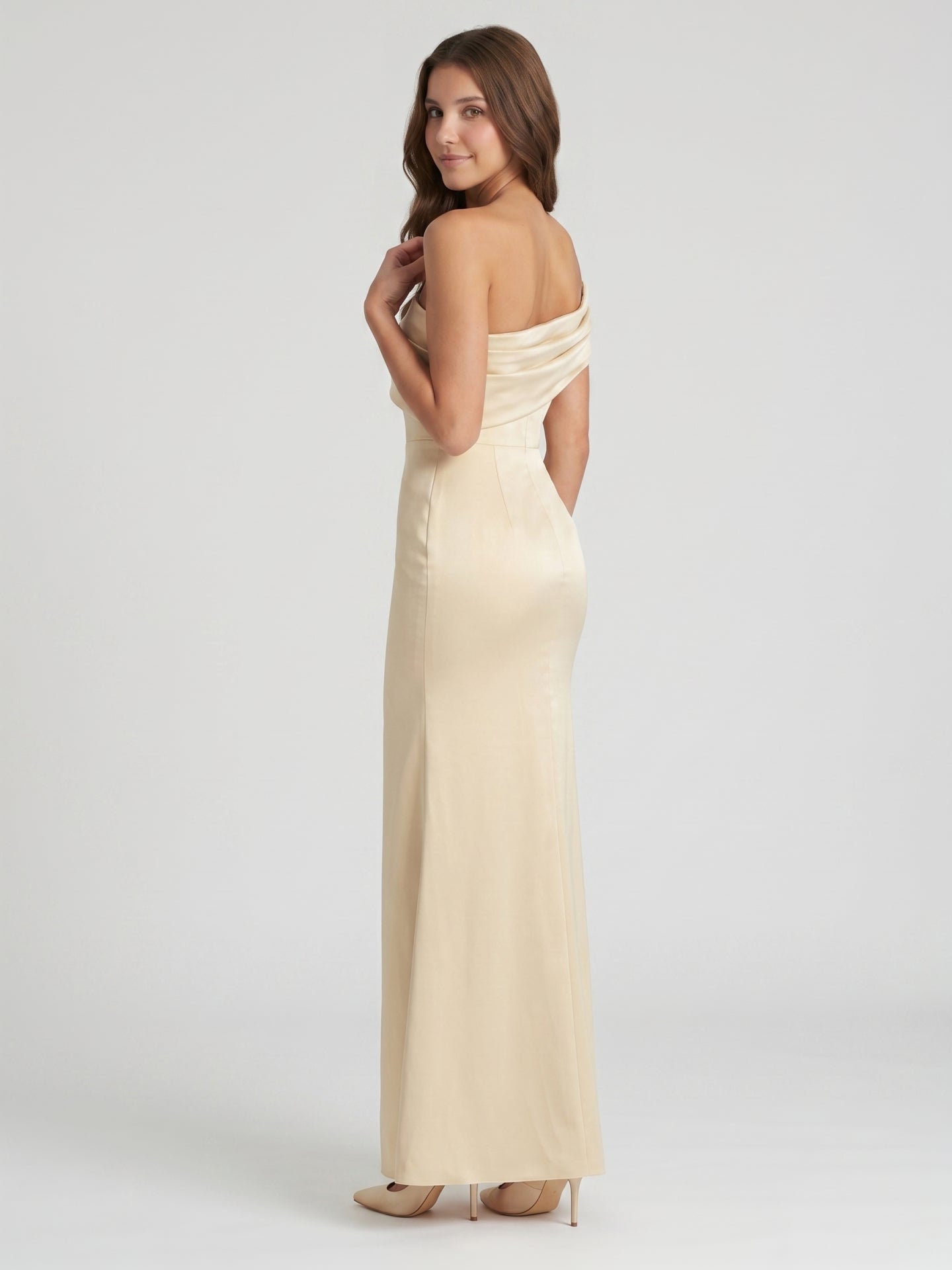 Champagne Satin Sheath Off-the-Shoulder Side Zip Floor-Length Bridesmaid Dress - Curvevia