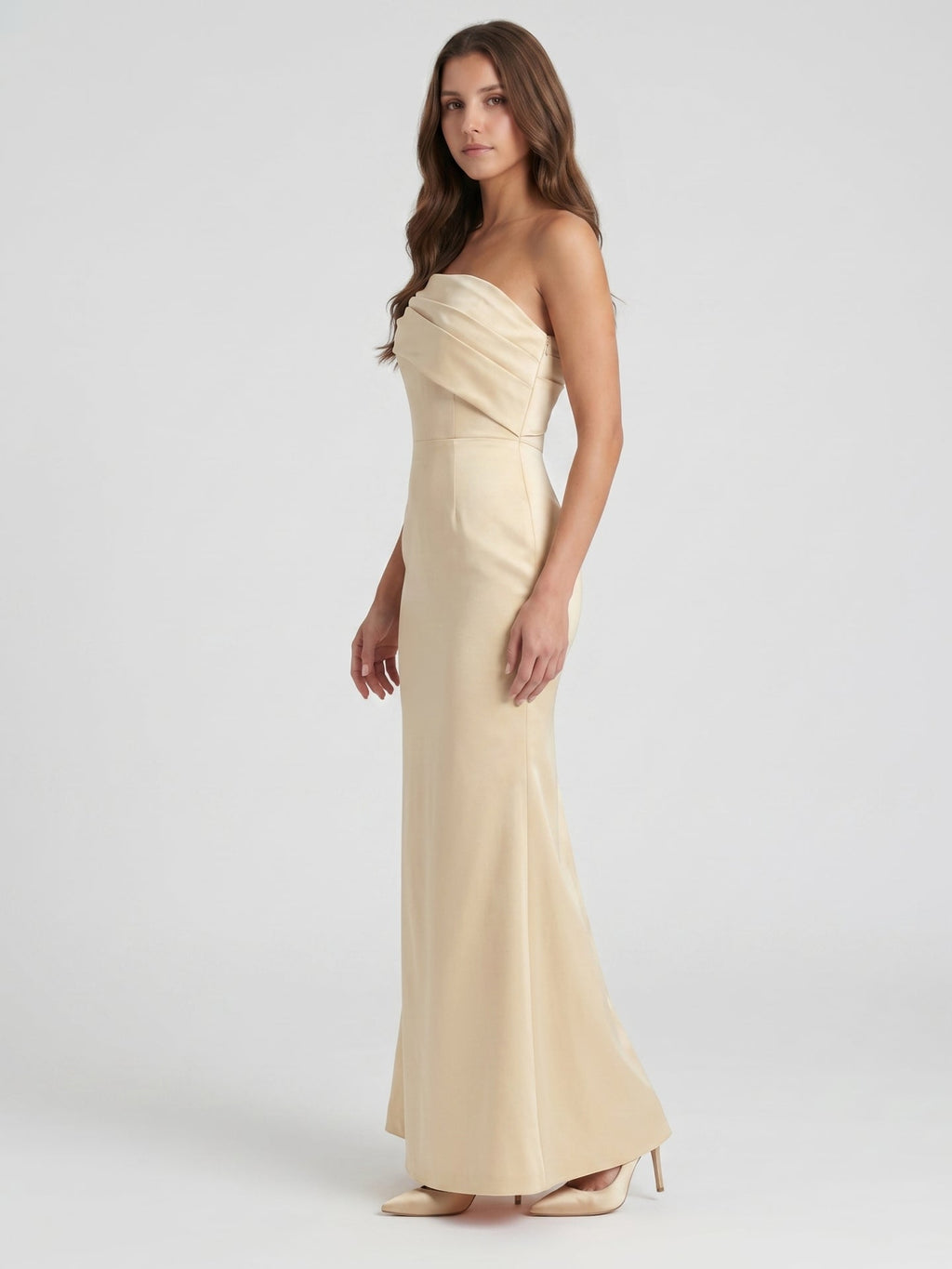 Champagne Satin Sheath Off-the-Shoulder Side Zip Floor-Length Bridesmaid Dress - Curvevia