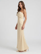 Champagne Satin Sheath Off-the-Shoulder Side Zip Floor-Length Bridesmaid Dress - Curvevia